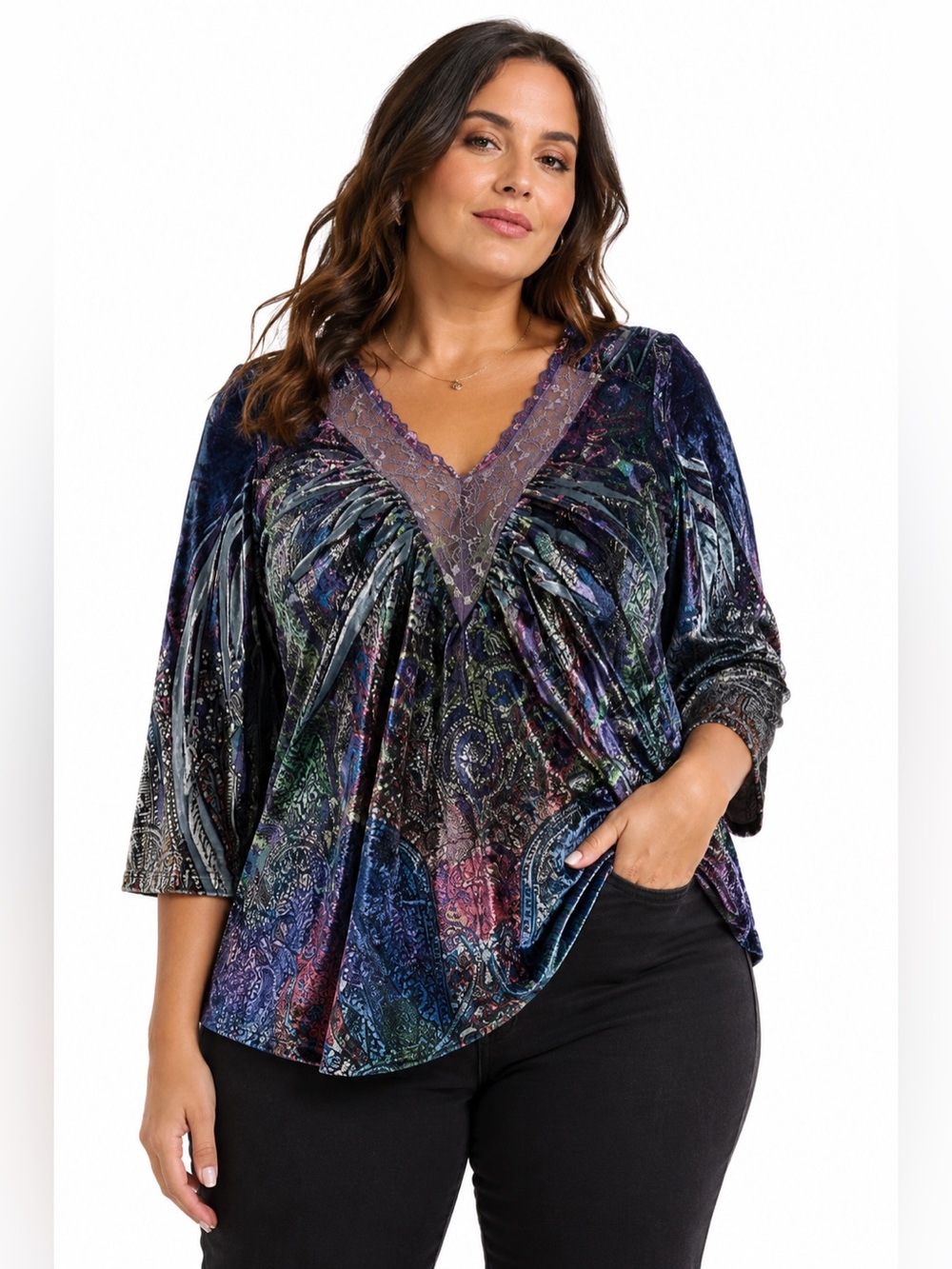 Y2K does 70s Vintage Festival Paisley Velour Blouse Purple/Blue/Multi M